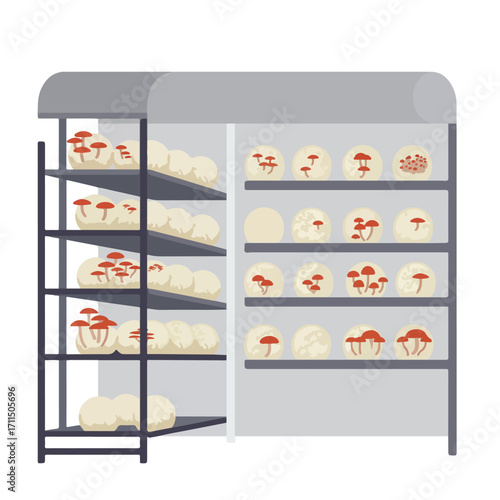 Mushroom growing on spherical forms in a shelf unit, flat style illustration
