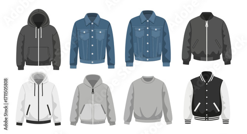 Collection of Various Trendy and Stylish Outerwear Designs, Featuring Hooded Sweatshirts, Denim Jackets, and Letterman Jackets, Isolated on a White Background