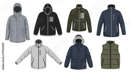 Collection of stylish and functional outerwear jackets, featuring designs with hoods, zippers, and various colors, perfect for outdoor adventures and everyday wear during the cold seasons