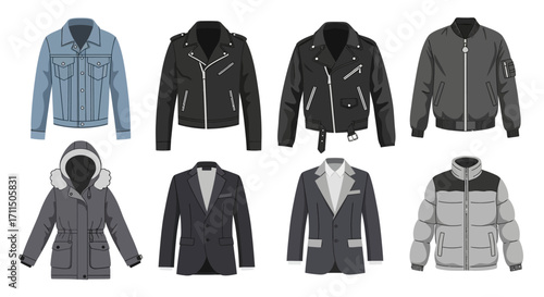 Assortment of diverse jackets, encompassing denim, leather, bomber, and puffer styles. Stylish outerwear options for various occasions, blending fashion and functionality, perfect for everyday wear
