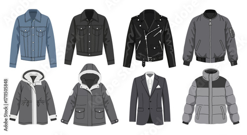 Variety of stylish jackets and coats isolated on a white background, including denim, leather, bomber, and puffer styles, suitable for various fashion and weather conditions