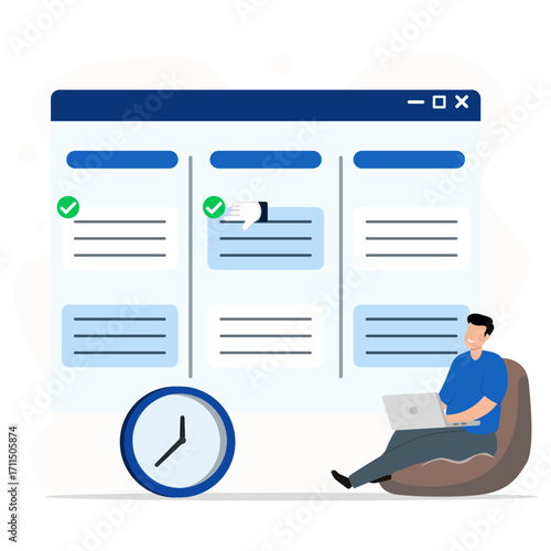 Businessman working on laptop with task board and clock. Concept of project management, productivity, time tracking, workflow planning, and efficient task organization.