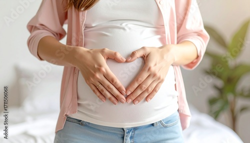 Pregnant woman gently cradles growing baby bump, forming heart shape with hands, expressing love and anticipation.