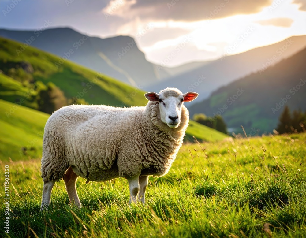 Obraz premium Fluffy White Sheep Standing in Green Mountain Meadow at Sunset