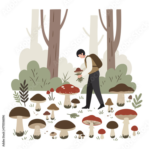 Person foraging mushrooms in the woods with colorful mushrooms and muted forest scene