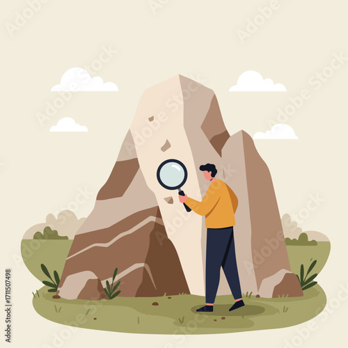 Illustrated figure uses magnifying glass to inspect a large rock formation outdoors
