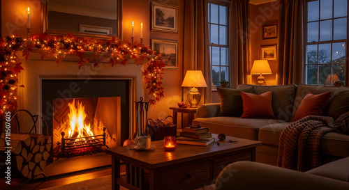 Wallpaper Mural A Cozy Autumn Interior Scene with a Warming Fireplace, Vibrant Fall Garland, and an Inviting Sofa, Perfect for Relaxing Evenings Torontodigital.ca