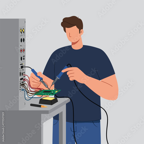 Faceless man soldering wires to a circuit board attached to a gray electronic server rack