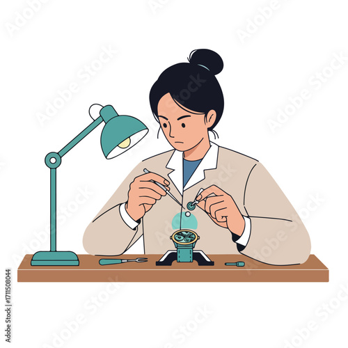 Watch repair Specialist working on a watch mechanism with a lamp on