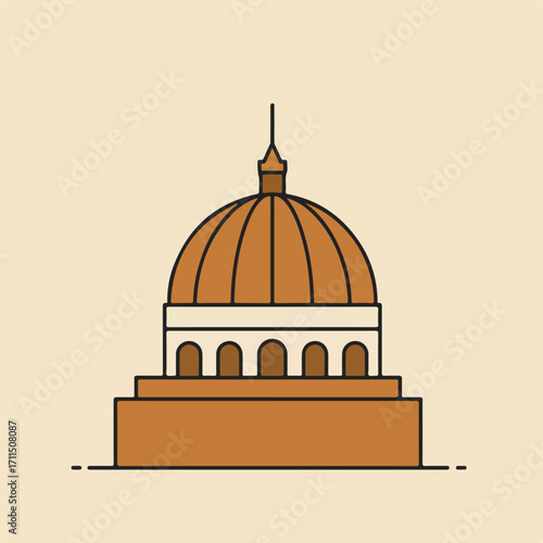 Stylized, minimalist icon of a capitol building with a dome, in shades of brown on beige