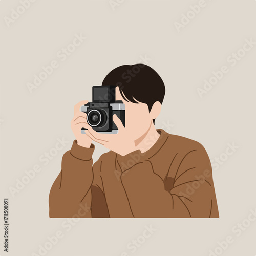 Flat vector art of a person taking a photo with an old-fashioned camera against a plain backdrop