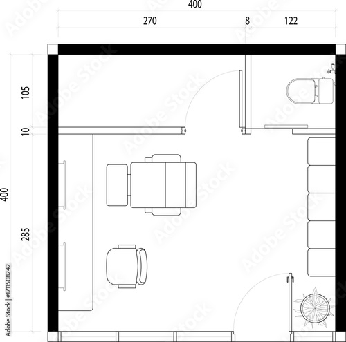 Wallpaper Mural Compact Barbershop Room Floor Plan Lines Black. 5 Torontodigital.ca