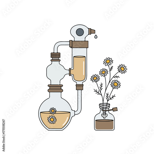 Illustration depicts a distillation apparatus with fluid and daisies in glass