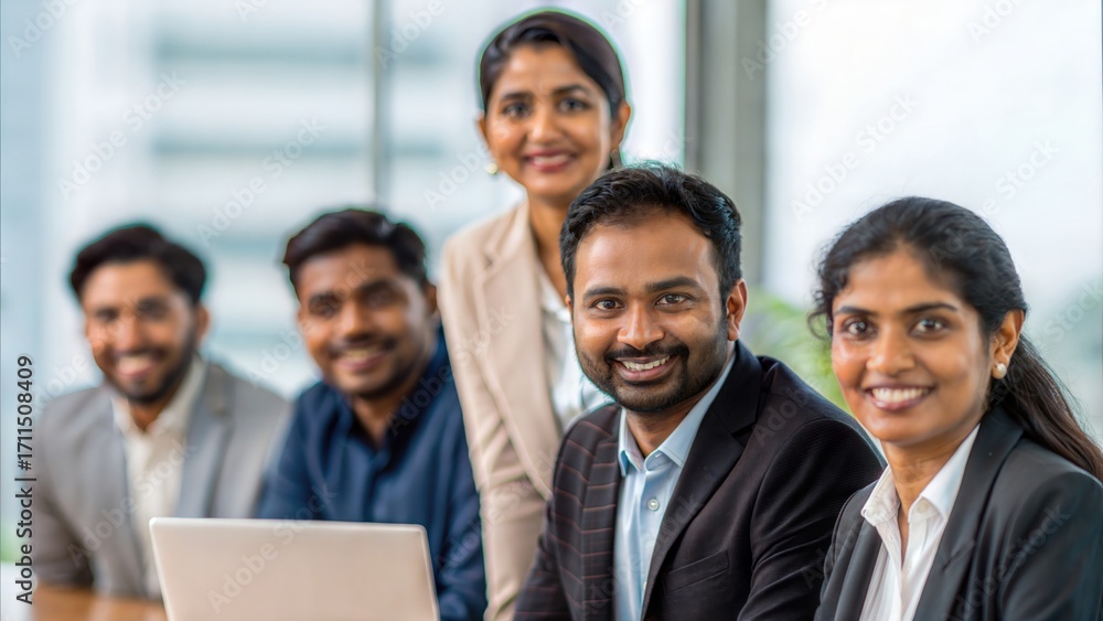 Fototapeta premium Indian business team posing together in office boardroom — showcasing collaboration and growth