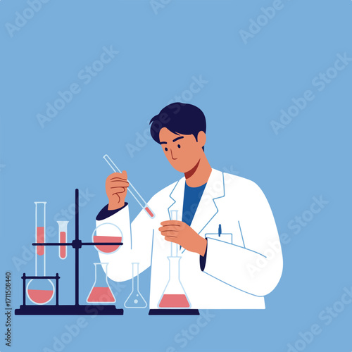 Scientist with lab coat working with beakers and test tubes, light blue background