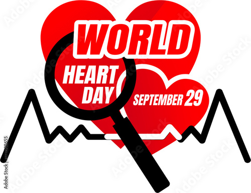 A striking logo for World Heart Day featuring a magnifying glass over a heart and an EKG line. It symbolizes the importance of close attention to heart health.