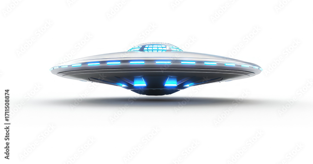 Fototapeta premium A futuristic flying saucer with glowing blue lights hovering above a white background.