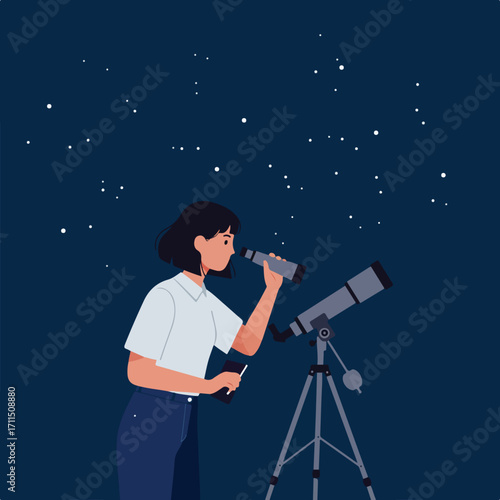 Illustration A woman with a telescope peers into the night sky filled with stars