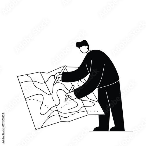 Character studies a map, plotting a route with two pencils, represented in linear black & white