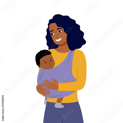 Young mother with baby. Mom carrying baby in sling vector illustration.