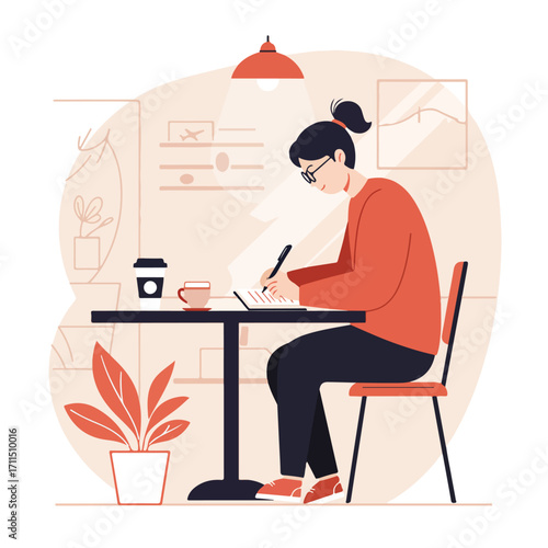 Woman sits at a table, writing in a notebook, with a cup of coffee nearby