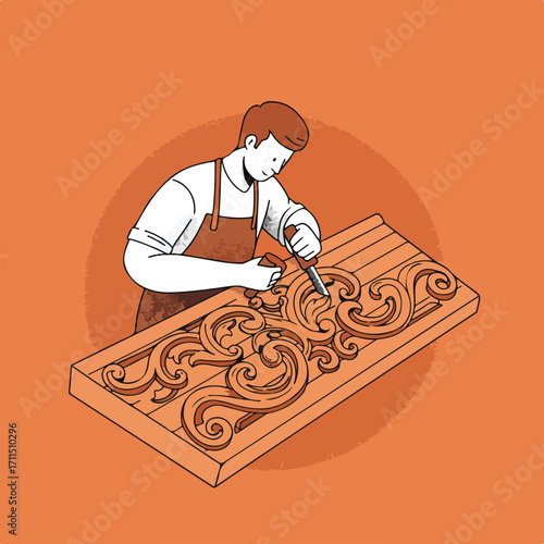 Man carves intricate swirls in a wooden panel with chisel against orange background