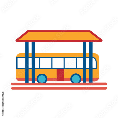 Stylized yellow bus arrives at a colorful covered bus stop