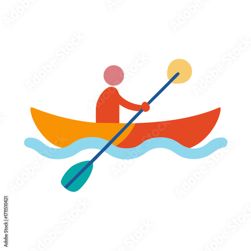 Stylized person paddling a canoe in wavy water under a sun