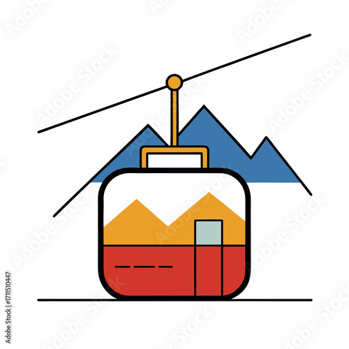 Stylized cable car ascending mountains in a flat design