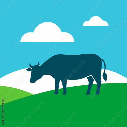 Stylized silhouette of a cow grazing on a green hill under a blue sky