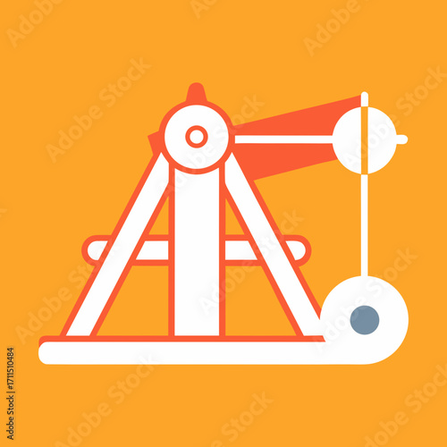 Stylized illustration of a trebuchet catapult on an orange background