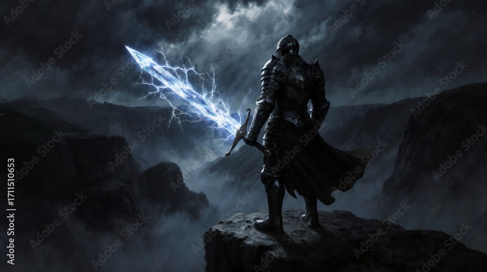 Naklejka premium Armored knight with glowing sword overlooking a dark, misty fantasy landscape.