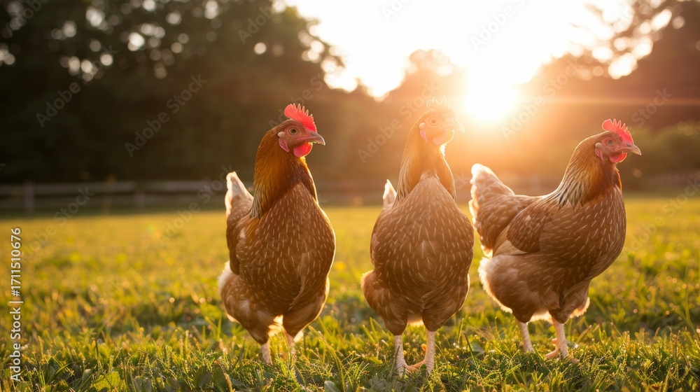 Fototapeta premium Free ranging chickens exploring a vibrant green field beneath a clear blue sky on a sunny day