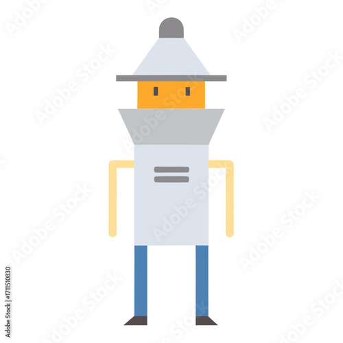 Stylized robot character with a conical hat and simple features