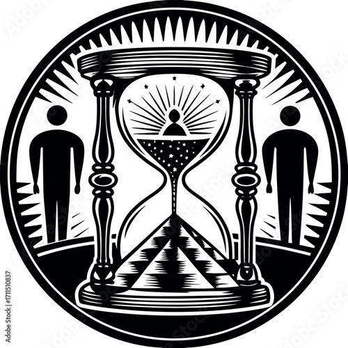 Stylized hourglass with figures and cosmic elements stars time