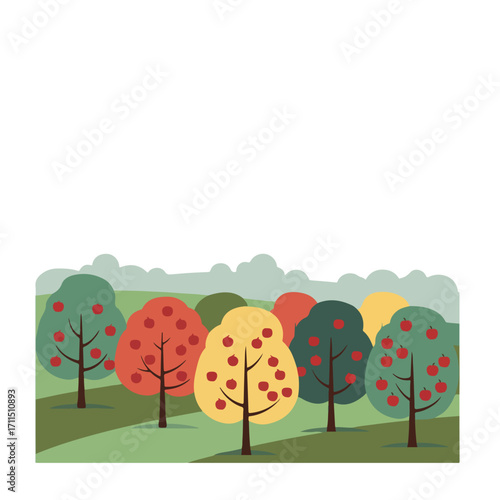 Stylized apple trees with various colored leaves, on a simple green landscape