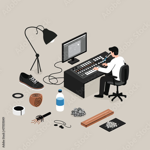 An isometric illustration of someone using a mixing console, surrounded by various items