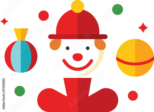 Clown accessories vector graphics festive fun red nose hat balloon shoes icon