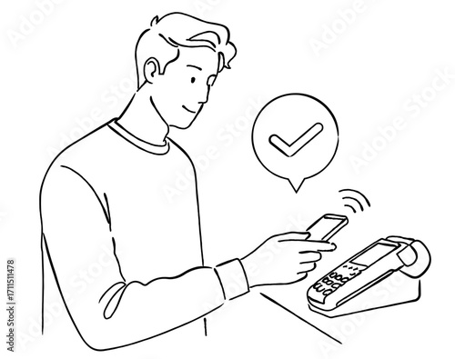 笑顔でキャッシュレス決済をする若い男性のおしゃれな線画アイコンベクターイラスト / クレジット / 支払い / ラインアート
