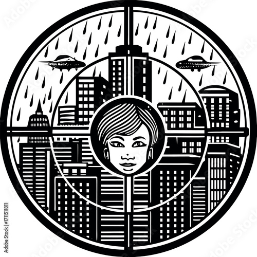 Stylized woman portrait within circular cityscape under rainy sky with flying objects black and white