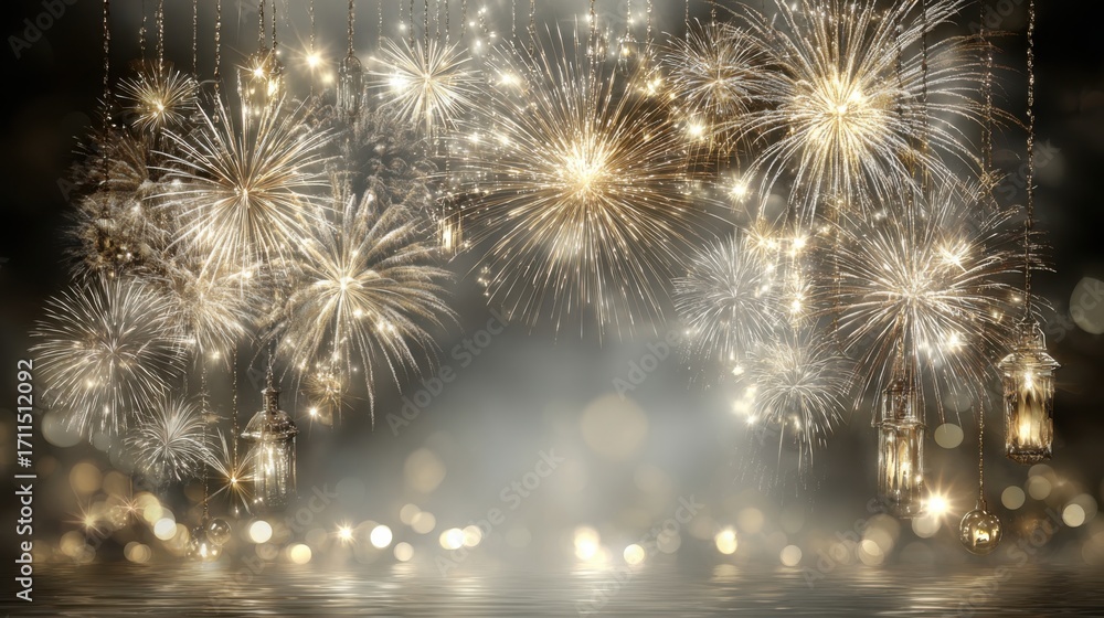 Fototapeta premium Vibrant fireworks celebration illuminating the night sky with colorful sparks spectacular display festive atmosphere and dazzling visual effects for outdoor events