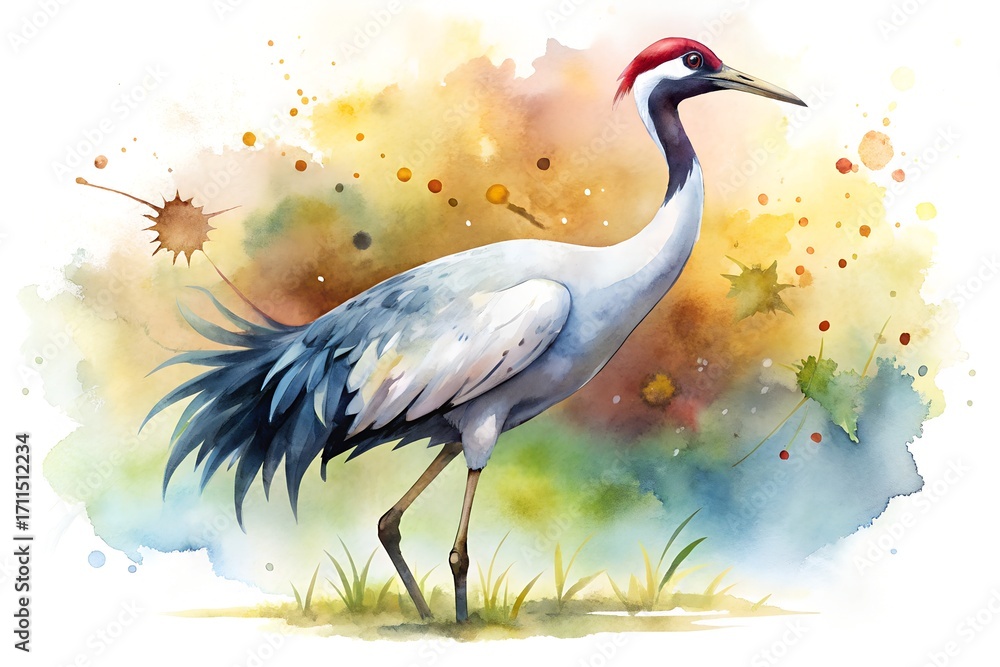 Fototapeta premium Elegant Red crowned Crane Watercolor Painting Illustration