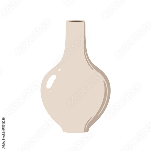 Illustrated beige ceramic vase with a narrow neck and rounded body on a white backdrop