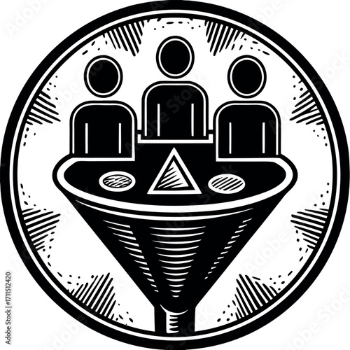 Three figures seated around a funnel shaped table abstract black and white people