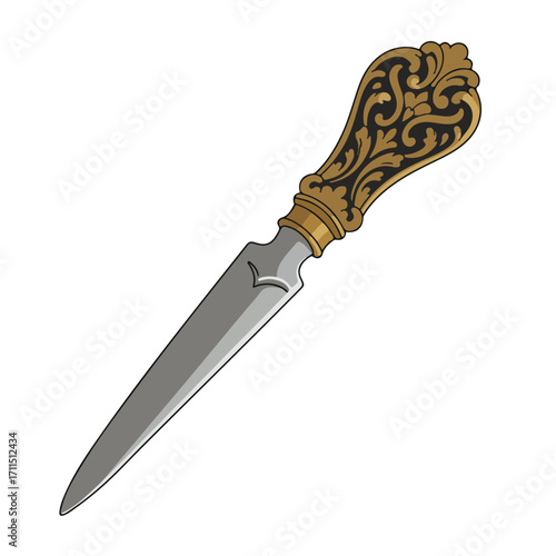 Ornate letter opener features a metallic blade and a detailed, gold-and-black decorative handle