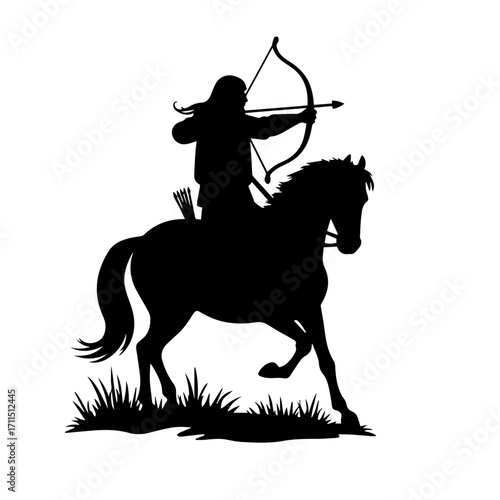 Minimalist silhouette of a person doing horse archery, black vector