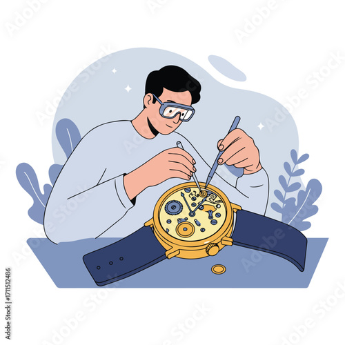 Watchmaker repairs intricate clock, tools in hand, with detailed, stylized illustration