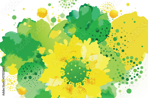 Bright yellow sunflower amid green abstract background with splashes and dots of color