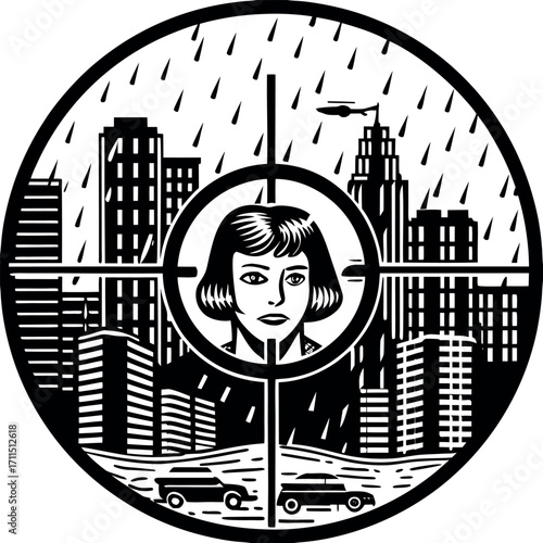 Woman face in crosshairs over rainy city illustration buildings