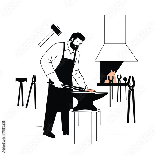 Man with a beard in an apron forging metal with a hammer, anvil, furnace, tongs in vector